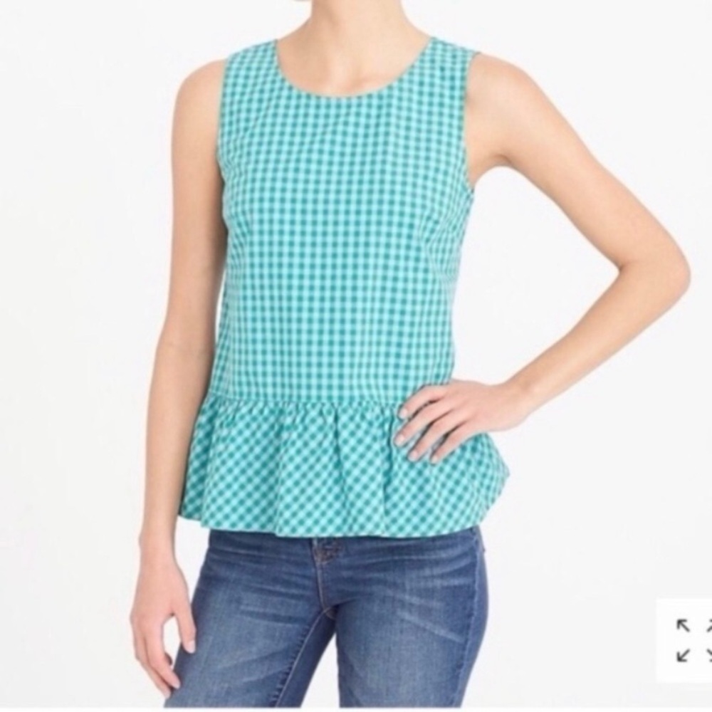 J. Crew Bow Back Peplum Tank Top Gingham Sleeveless Blue Green Size L NEW